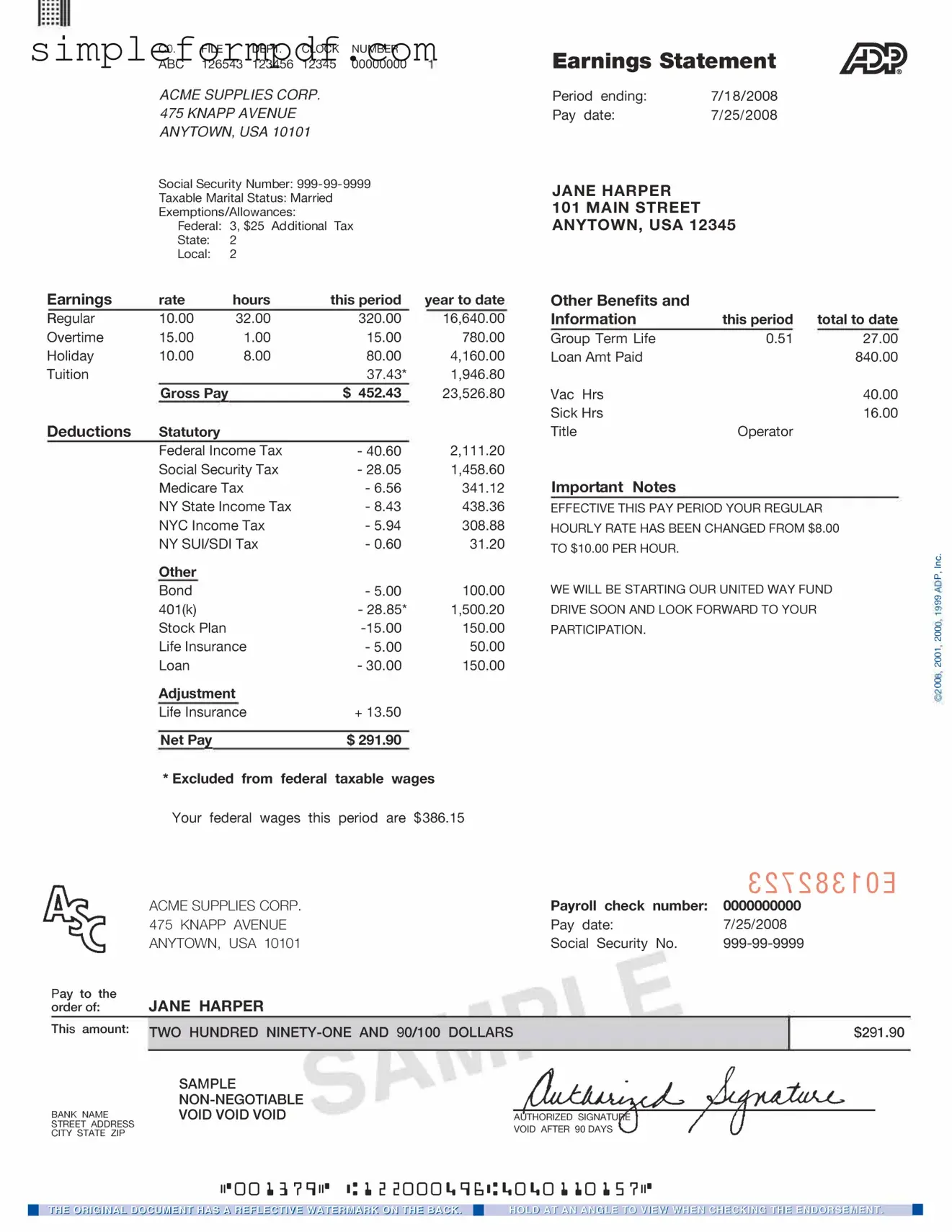 Adp Pay Stub PDF Form