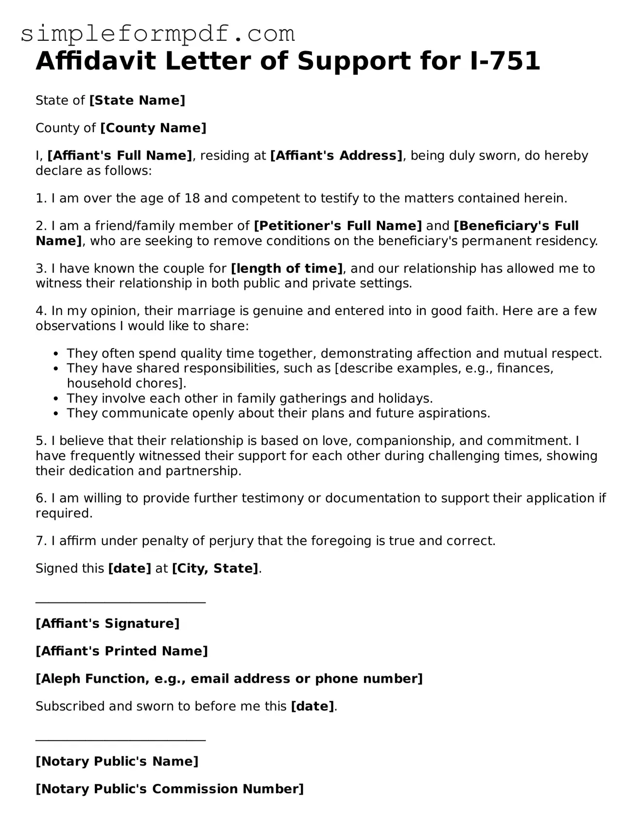Fillable Affidavit Letter of Support for I-751 Template