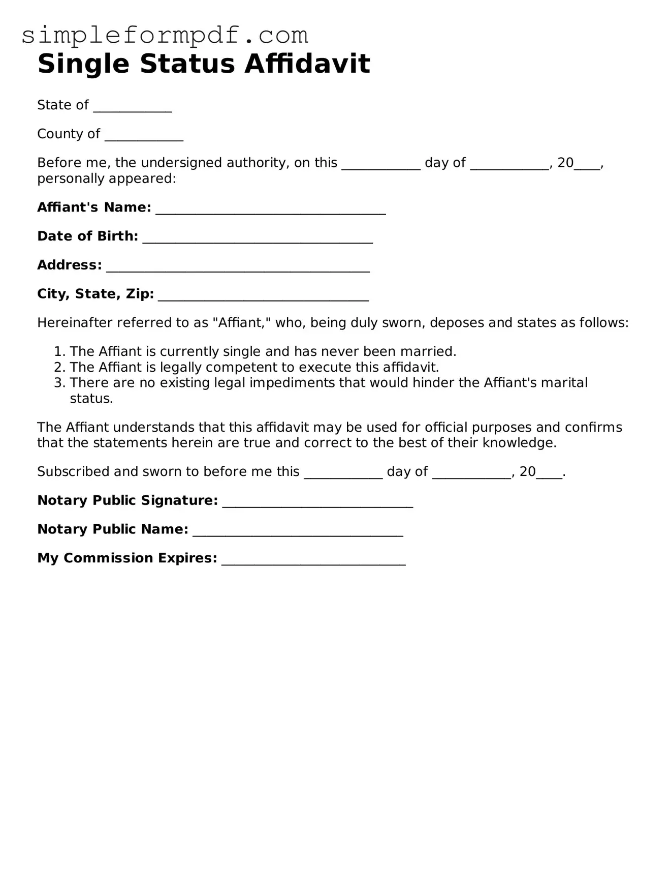 Fillable Single Status Affidavit Template