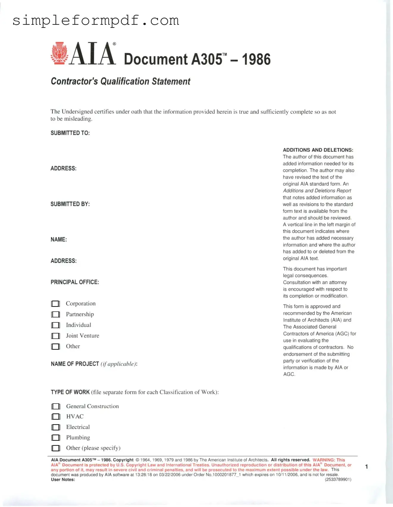 AIA A305 PDF Form