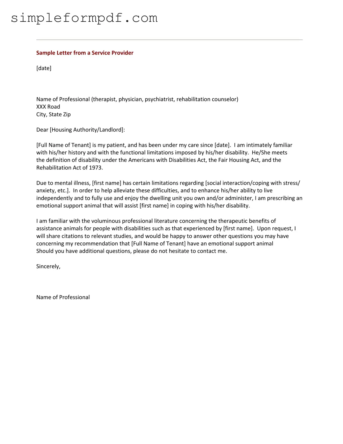 Emotional Support Animal Letter PDF Form