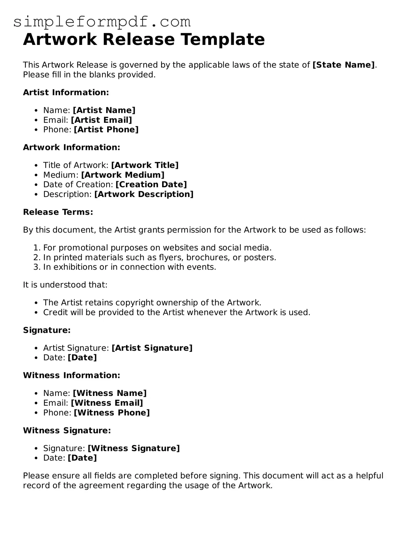 Fillable Artwork Release Template