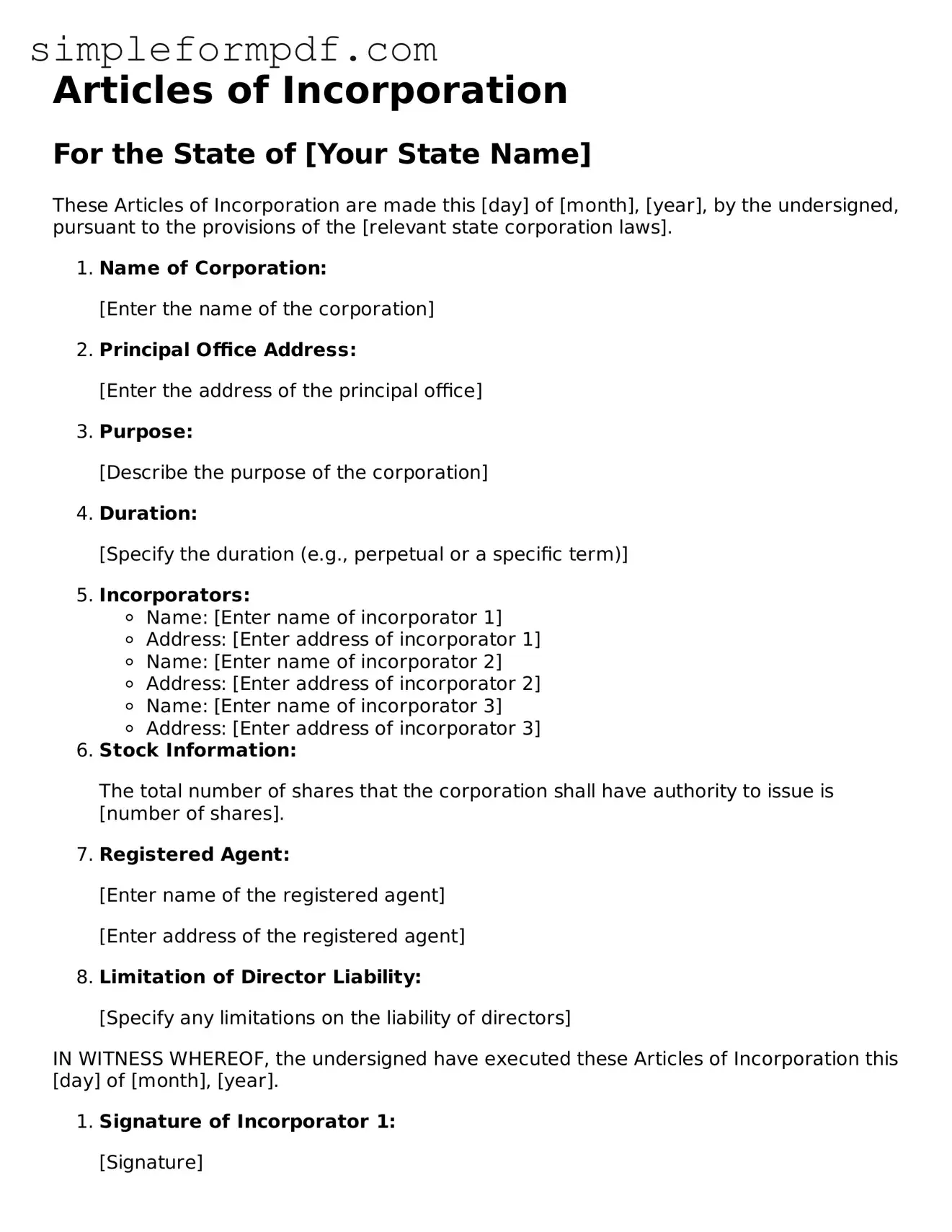 Fillable Articles of Incorporation Template