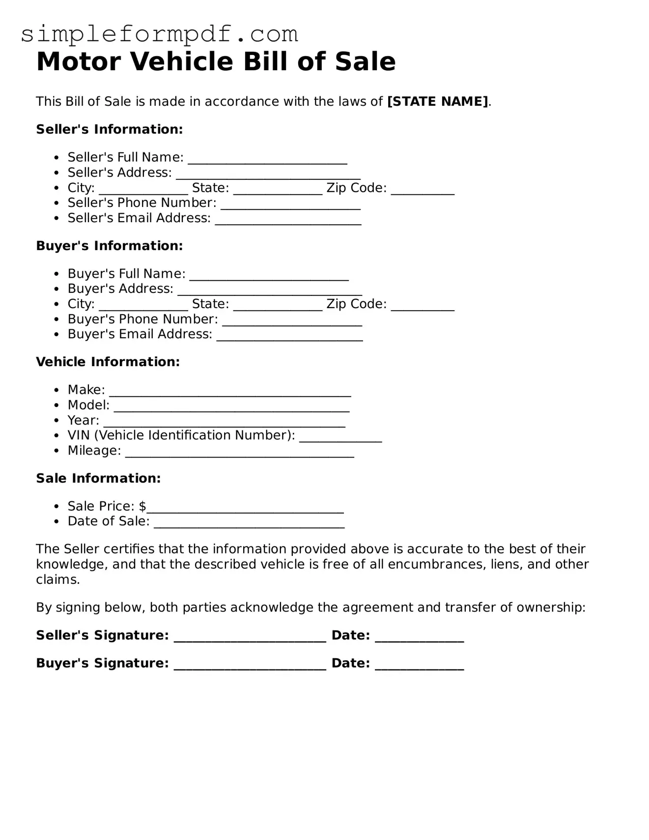 Fillable Motor Vehicle Bill of Sale Template