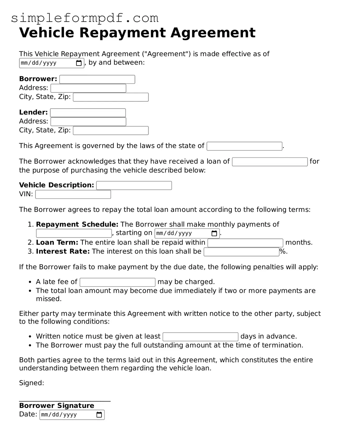 Fillable Vehicle Repayment Agreement Template