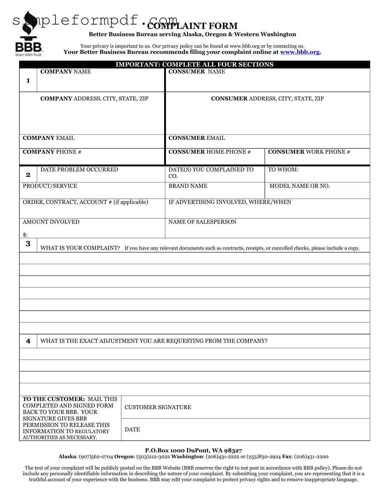 Bbb Complaint PDF Form