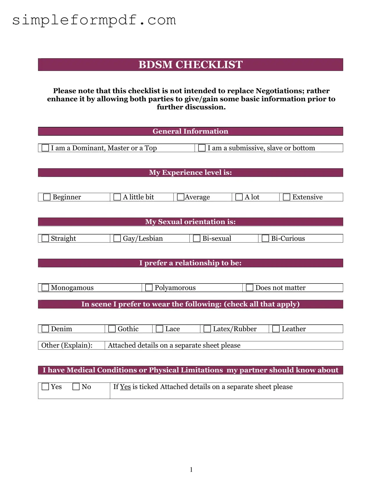 Bdsm Checklist PDF Form
