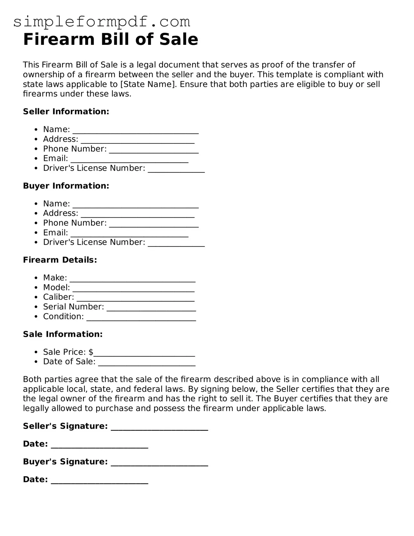 Fillable Firearm Bill of Sale Template