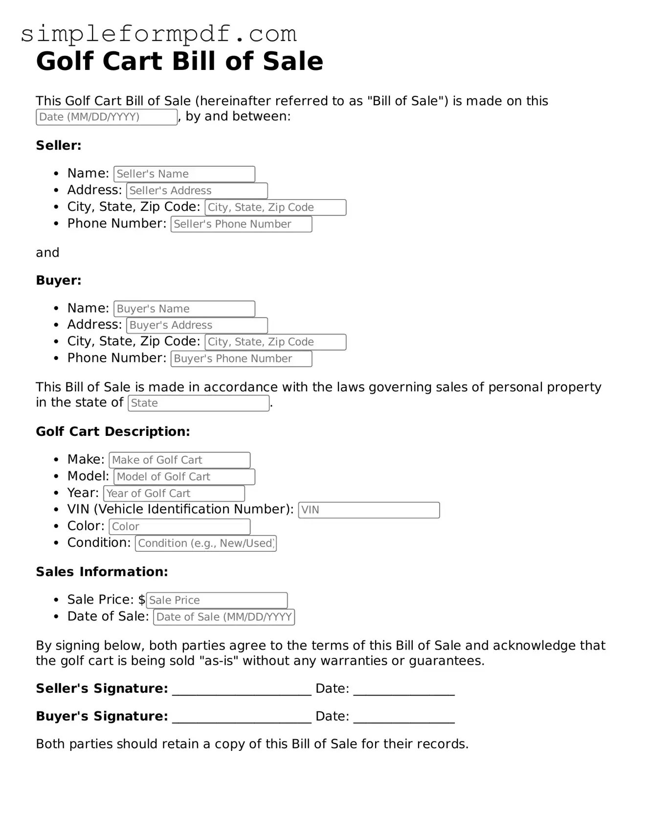 Fillable Golf Cart Bill of Sale Template