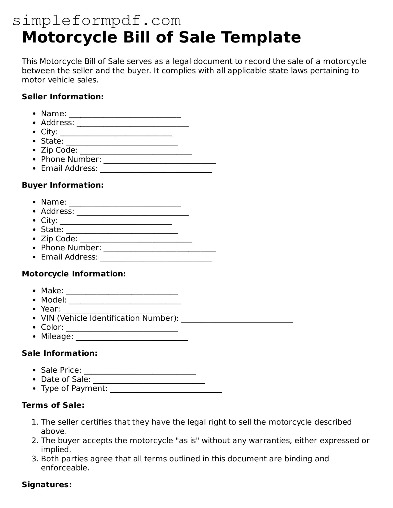 Fillable Motorcycle Bill of Sale Template