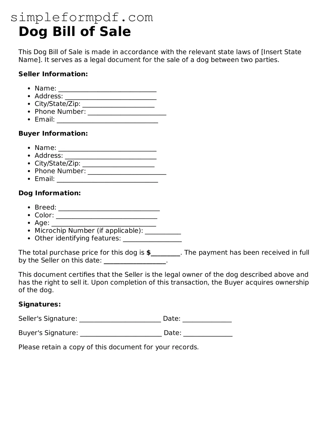 Fillable Dog Bill of Sale Template