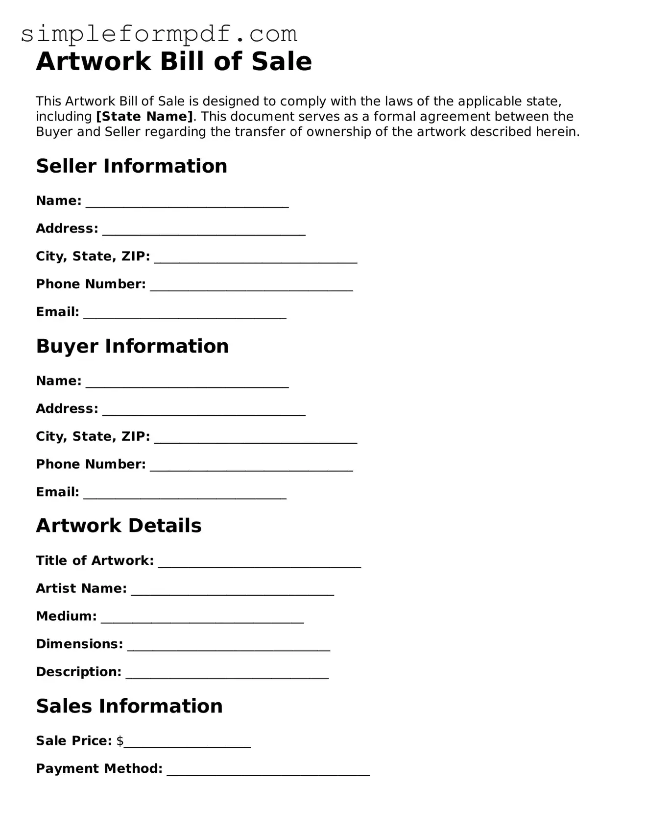 Fillable Artwork Bill of Sale Template