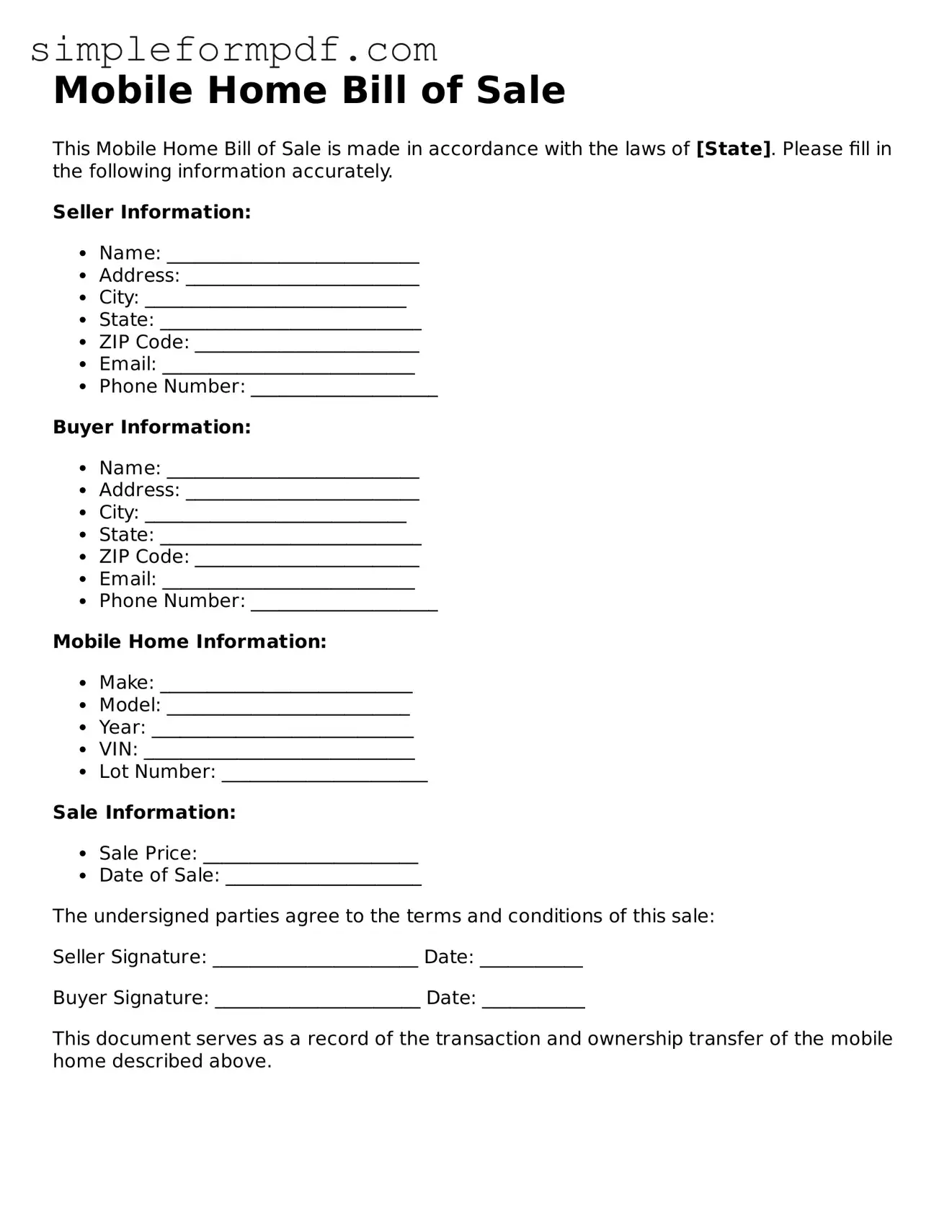Fillable Mobile Home Bill of Sale Template