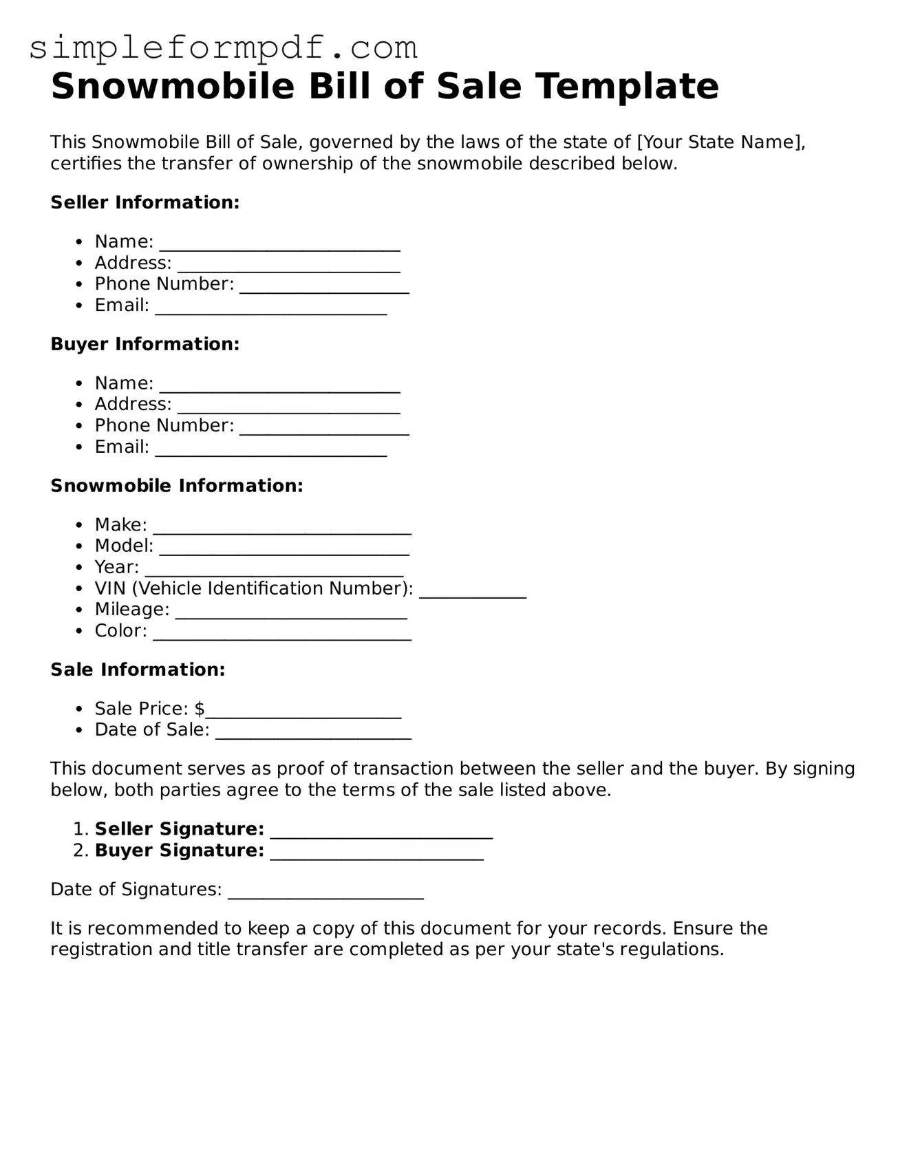 Fillable Snowmobile Bill of Sale Template