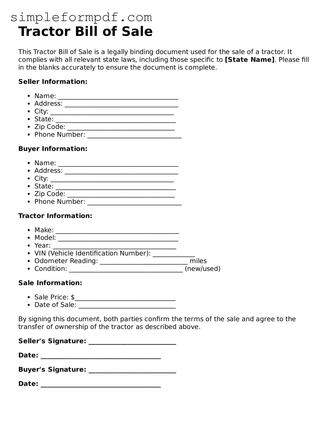 Fillable Tractor Bill of Sale Template