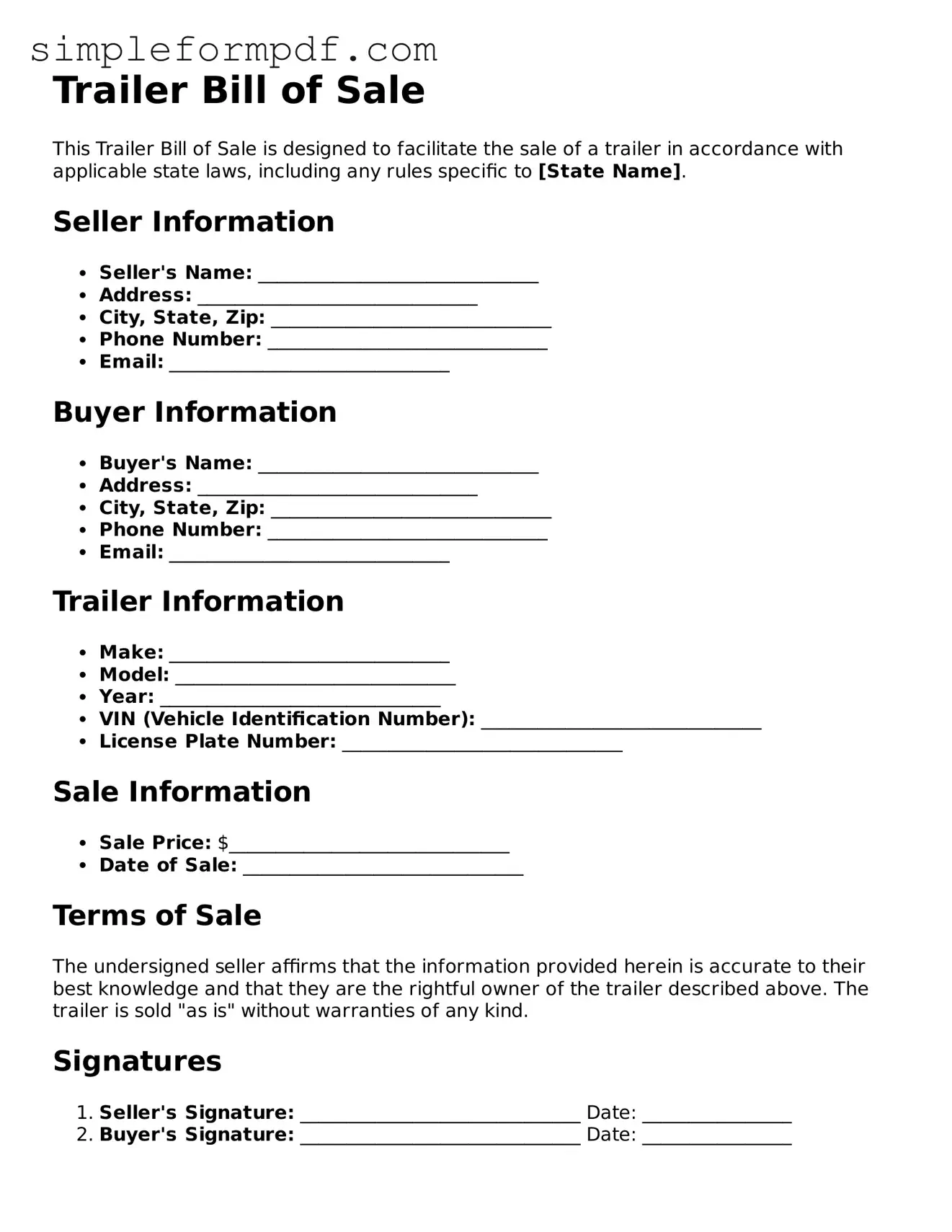 Fillable Trailer Bill of Sale Template