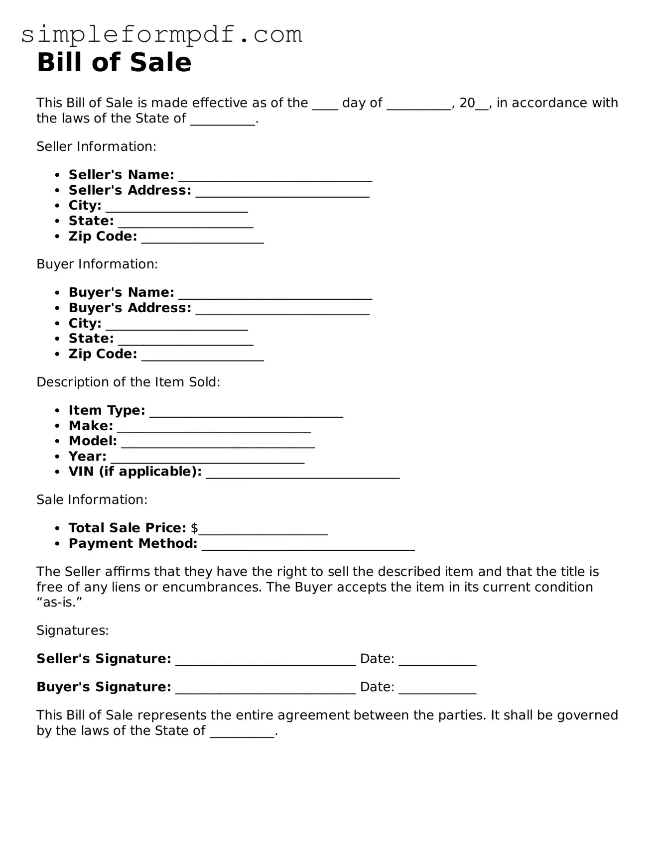 Fillable Bill of Sale Template