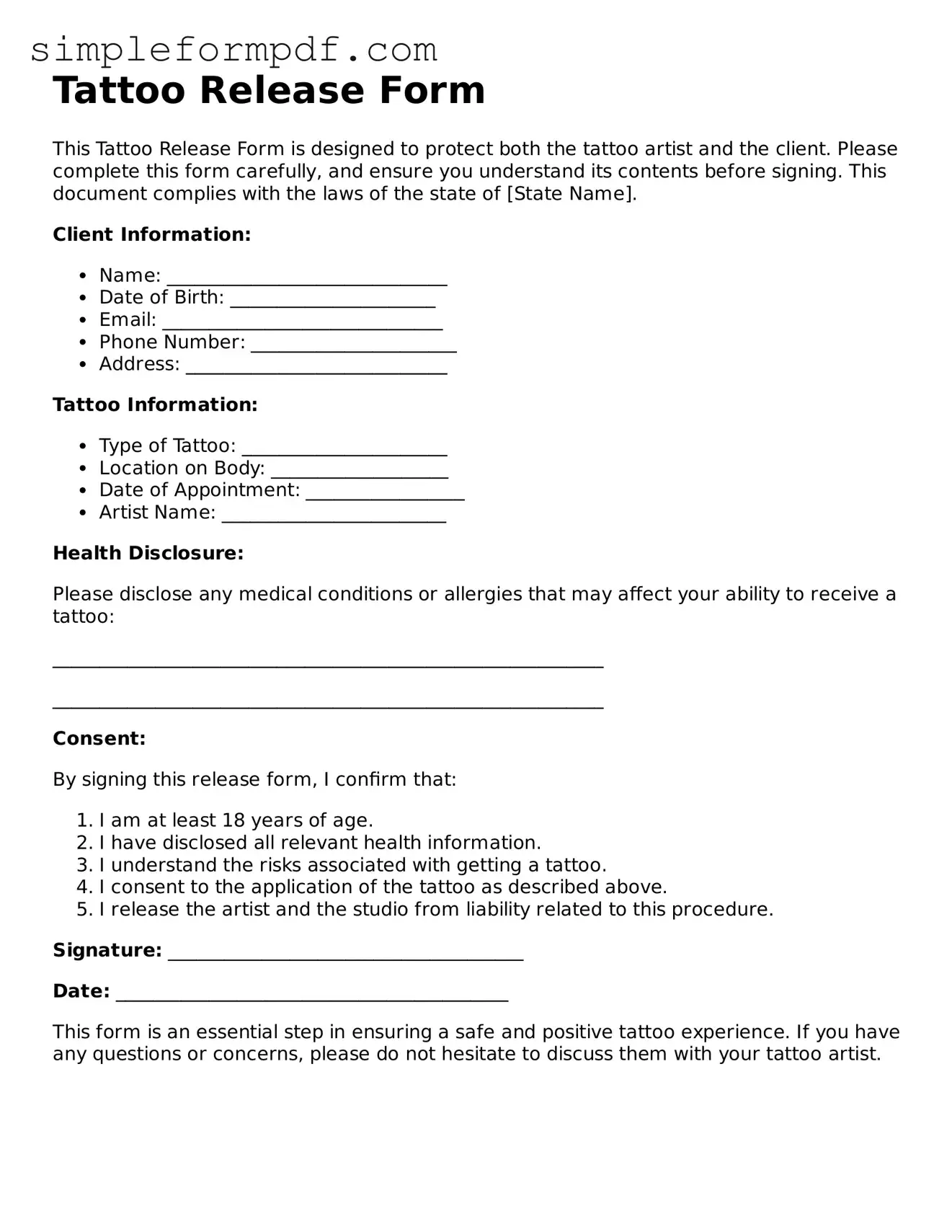 Fillable Tattoo Release Template
