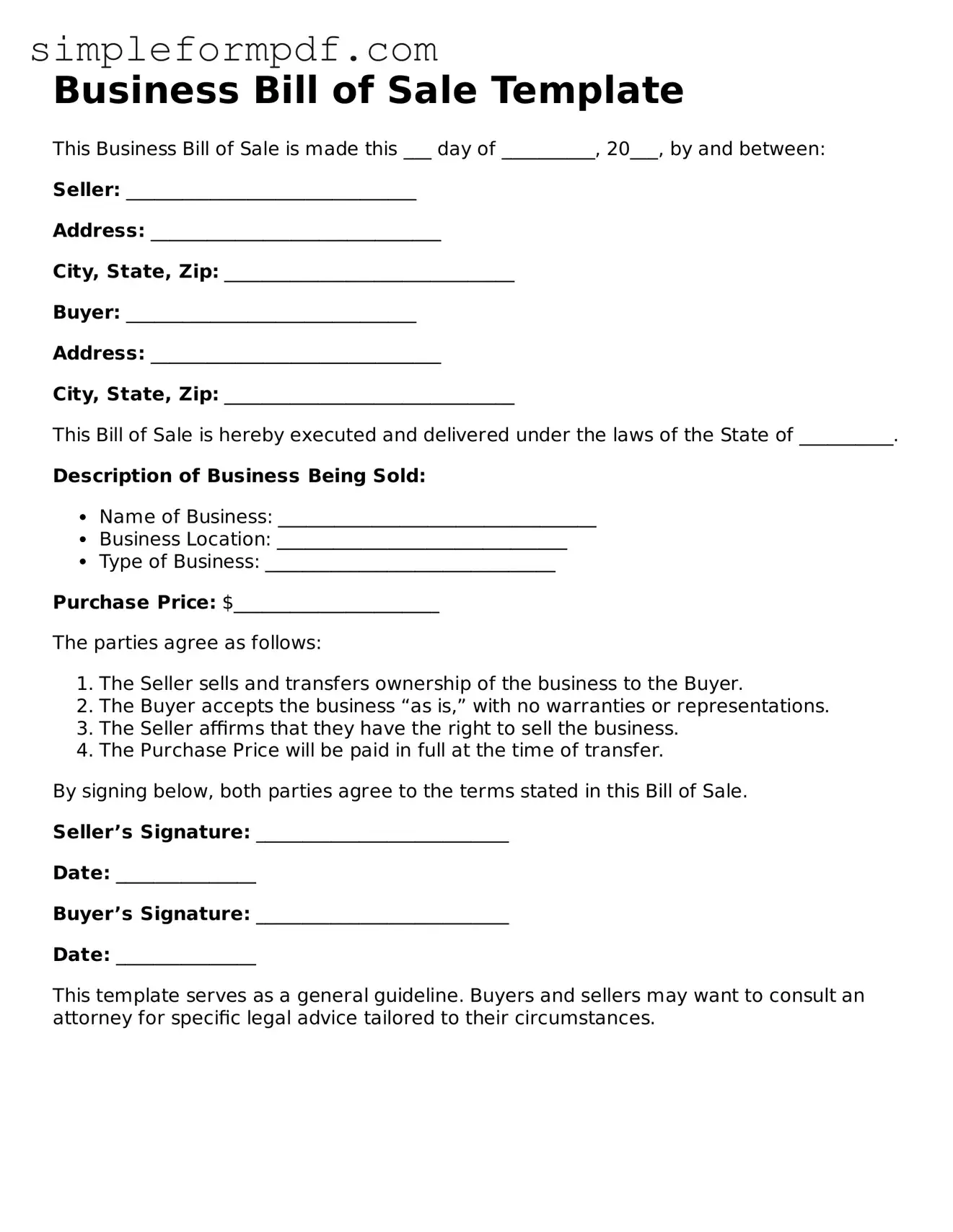 Fillable Business Bill of Sale Template