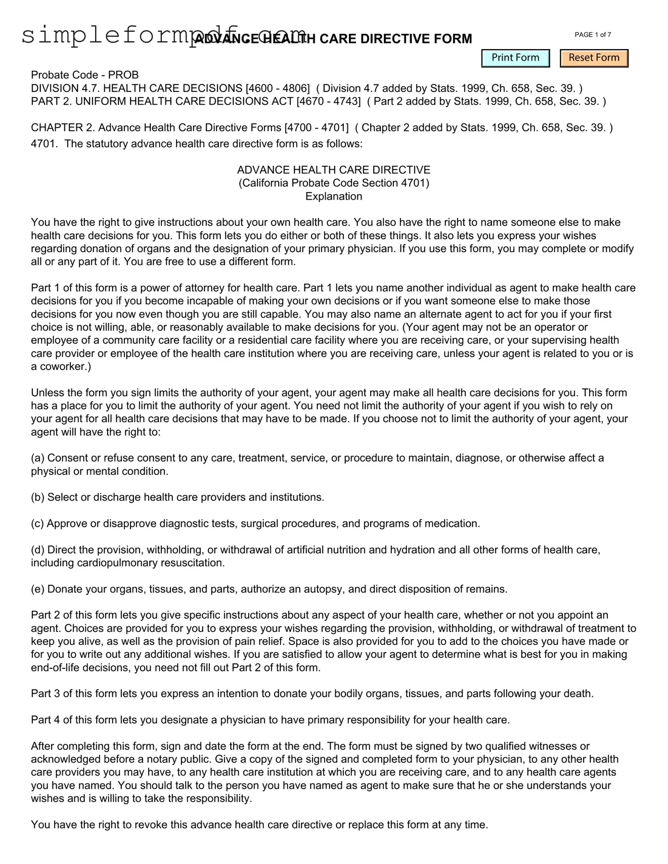 California Advanced Health Care Directive PDF Form