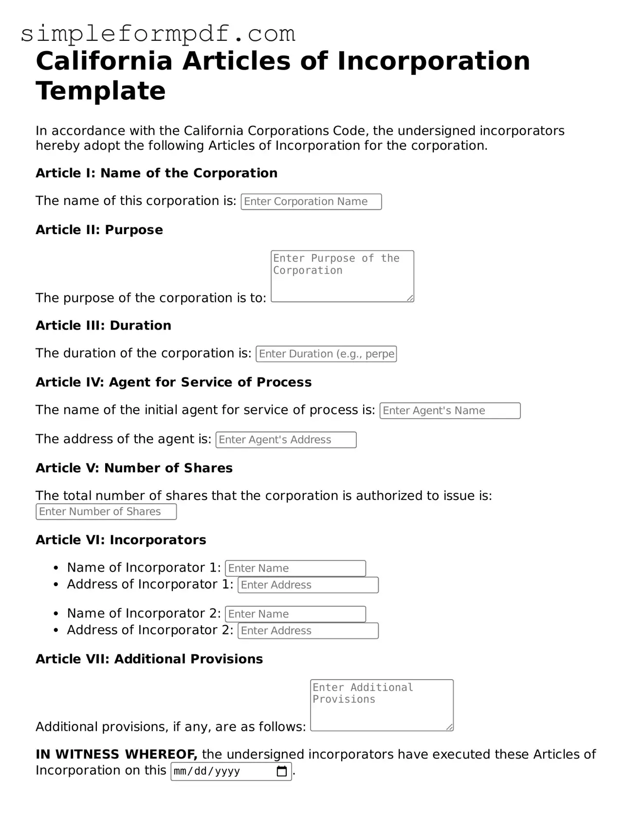 Free Articles of Incorporation Form for the State of California