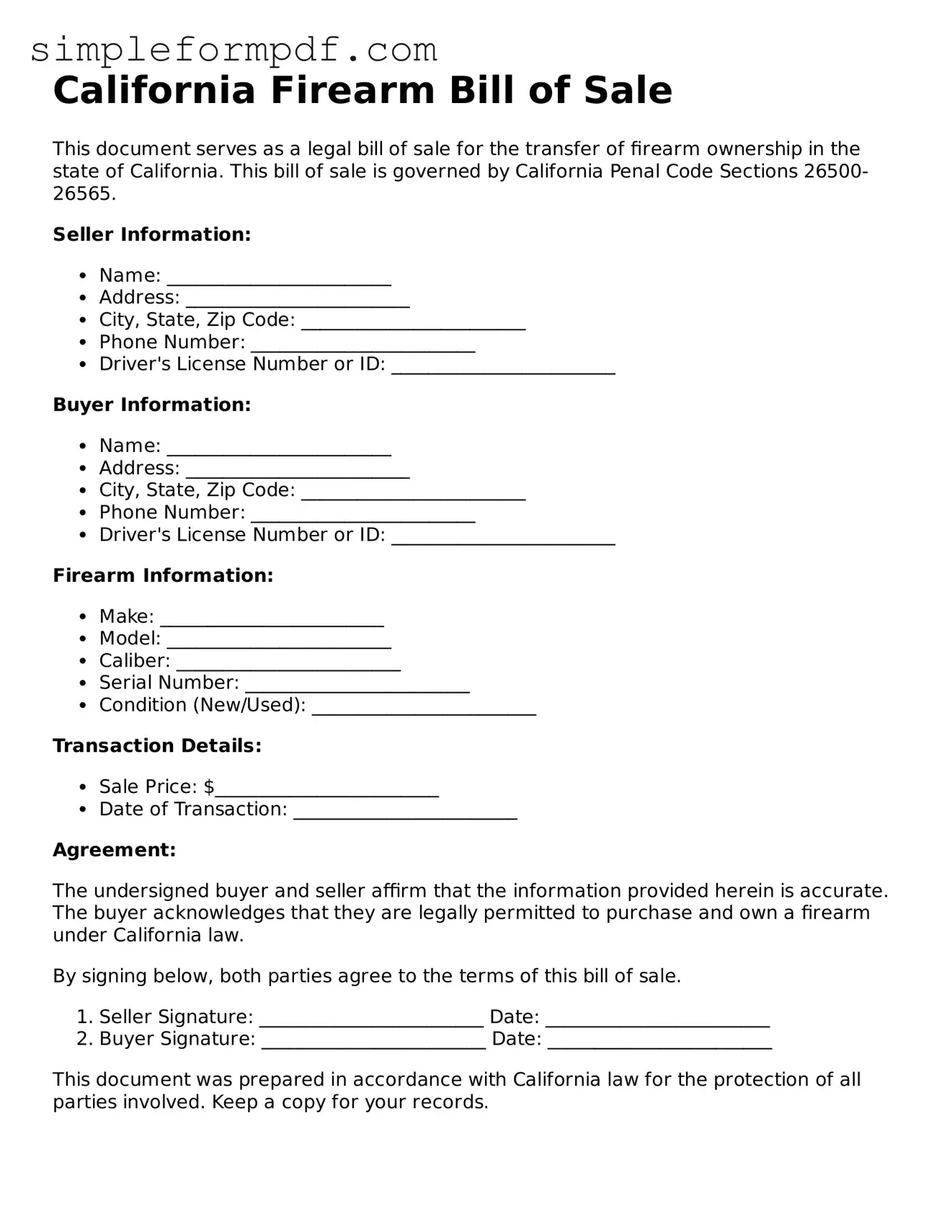 Free Firearm Bill of Sale Form for the State of California