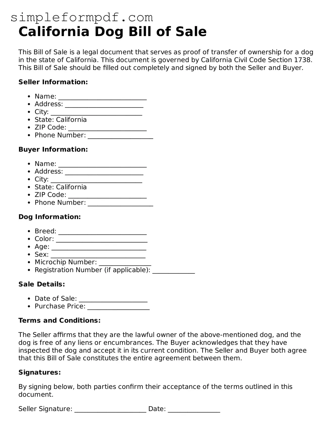 Free Dog Bill of Sale Form for the State of California