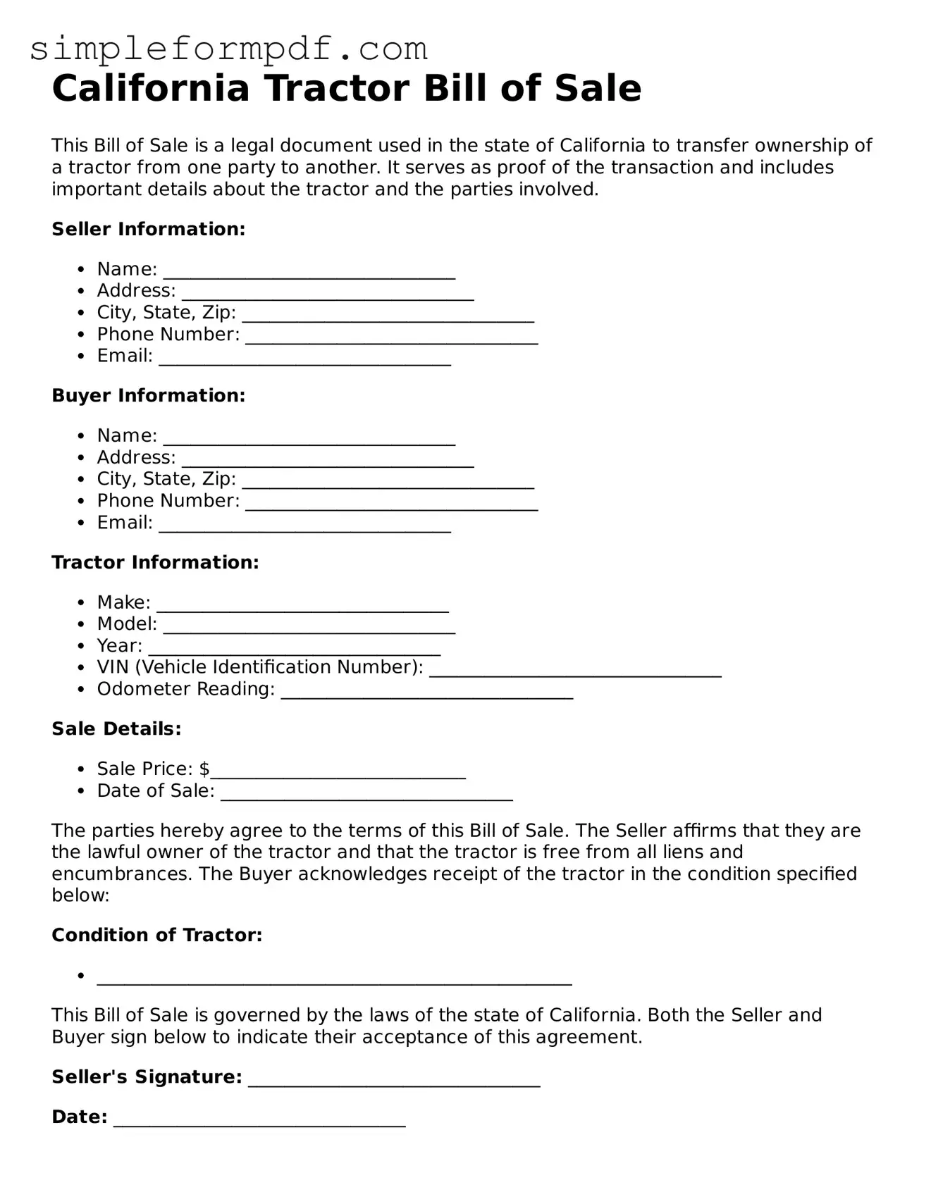 Free Tractor Bill of Sale Form for the State of California