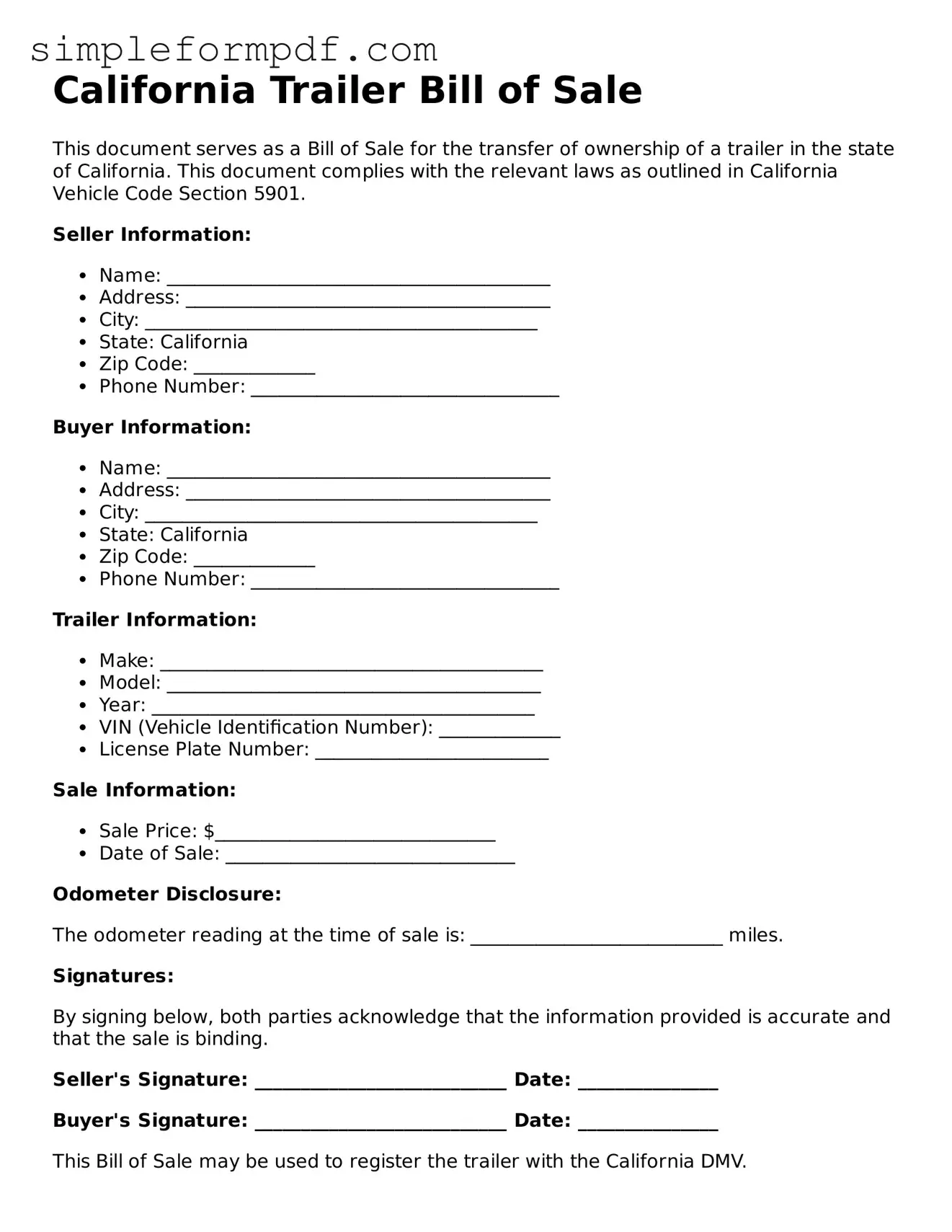 Free Trailer Bill of Sale Form for the State of California