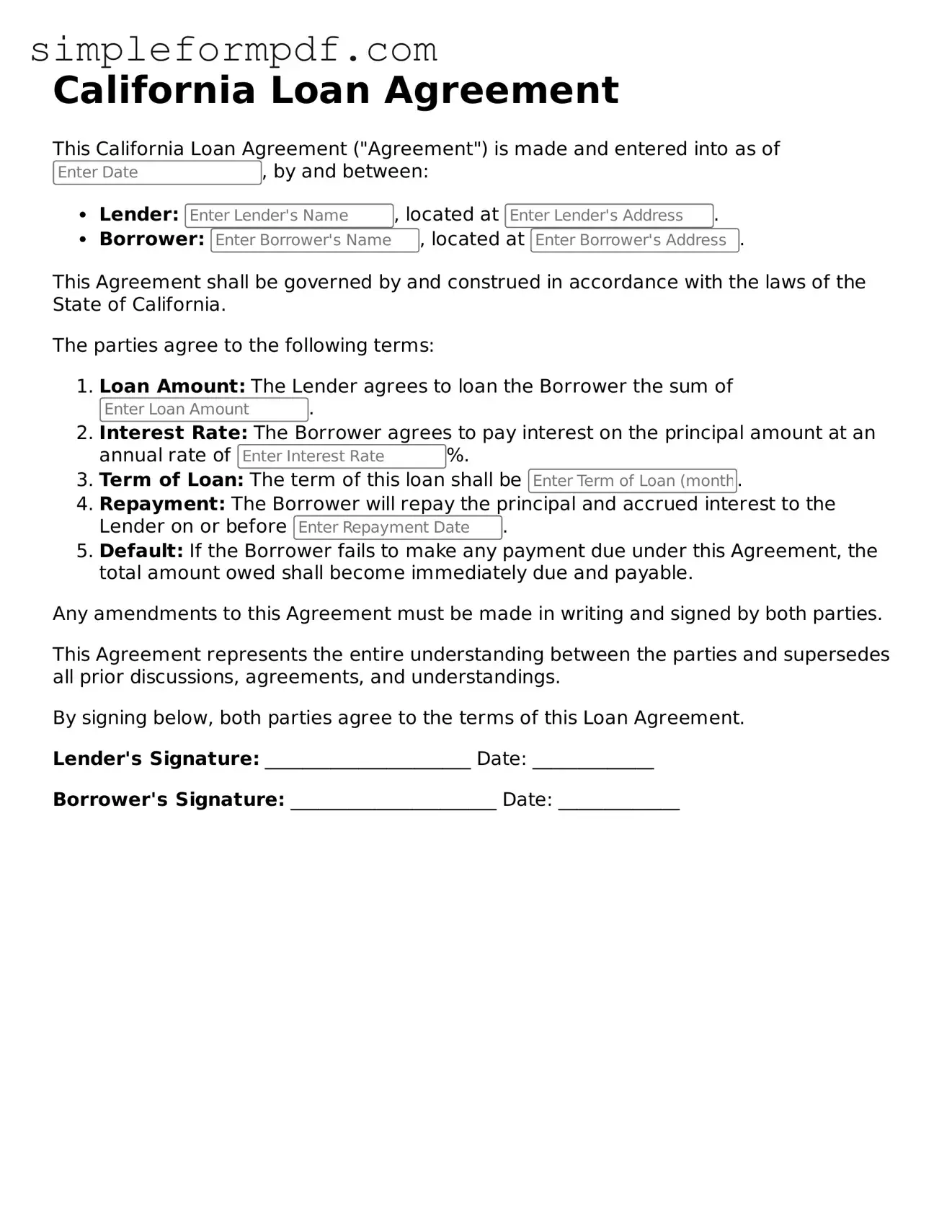 Free Loan Agreement Form for the State of California