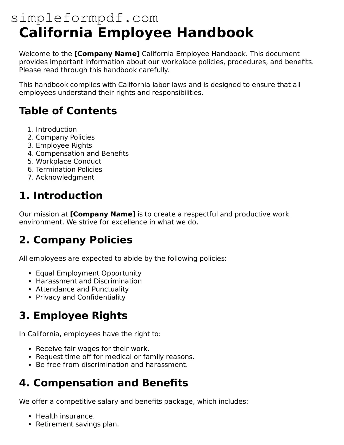Free Employee Handbook Form for the State of California