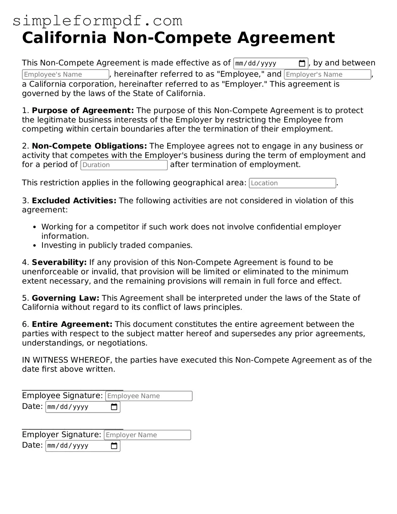 Free Non-compete Agreement Form for the State of California