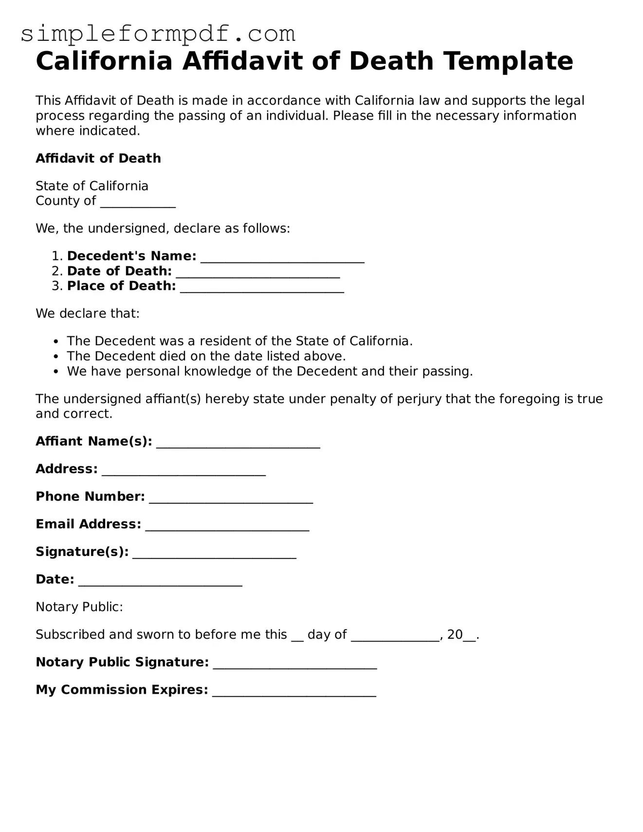 Free Affidavit of Death Form for the State of California