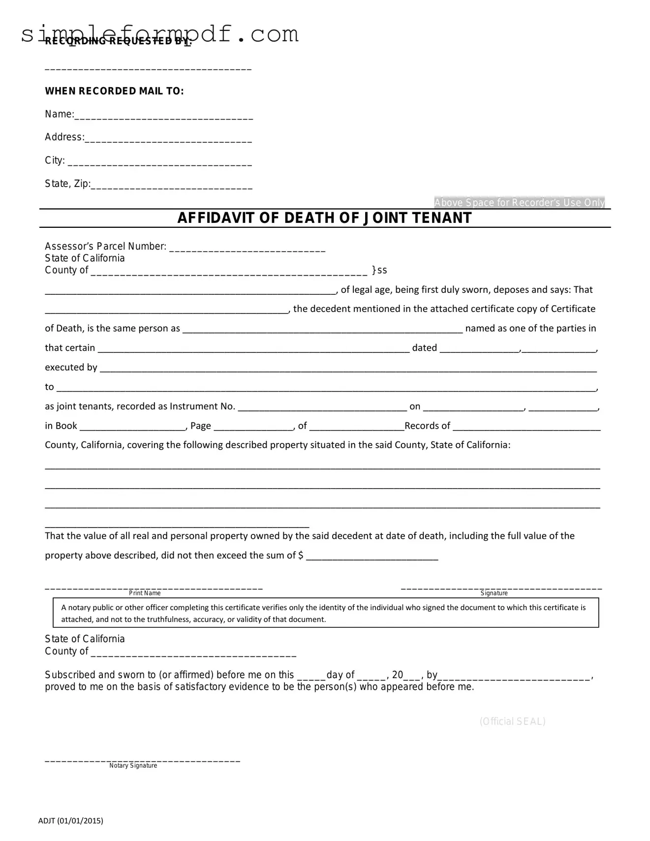 California Death of a Joint Tenant Affidavit PDF Form