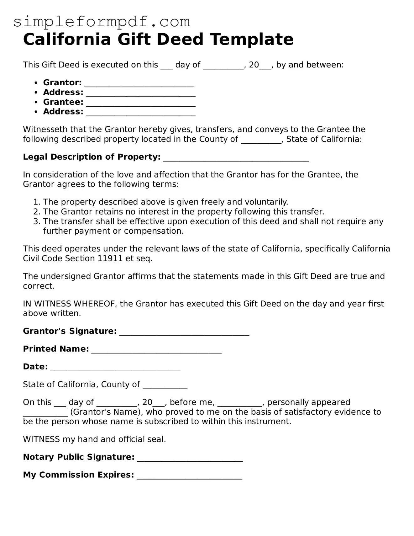 Free Gift Deed Form for the State of California