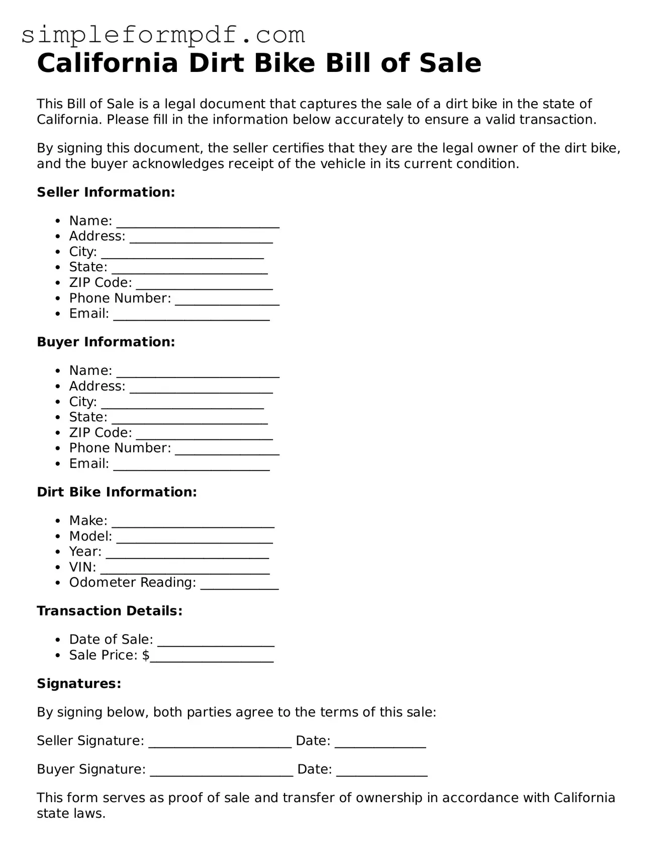 Free Dirt Bike Bill of Sale Form for the State of California