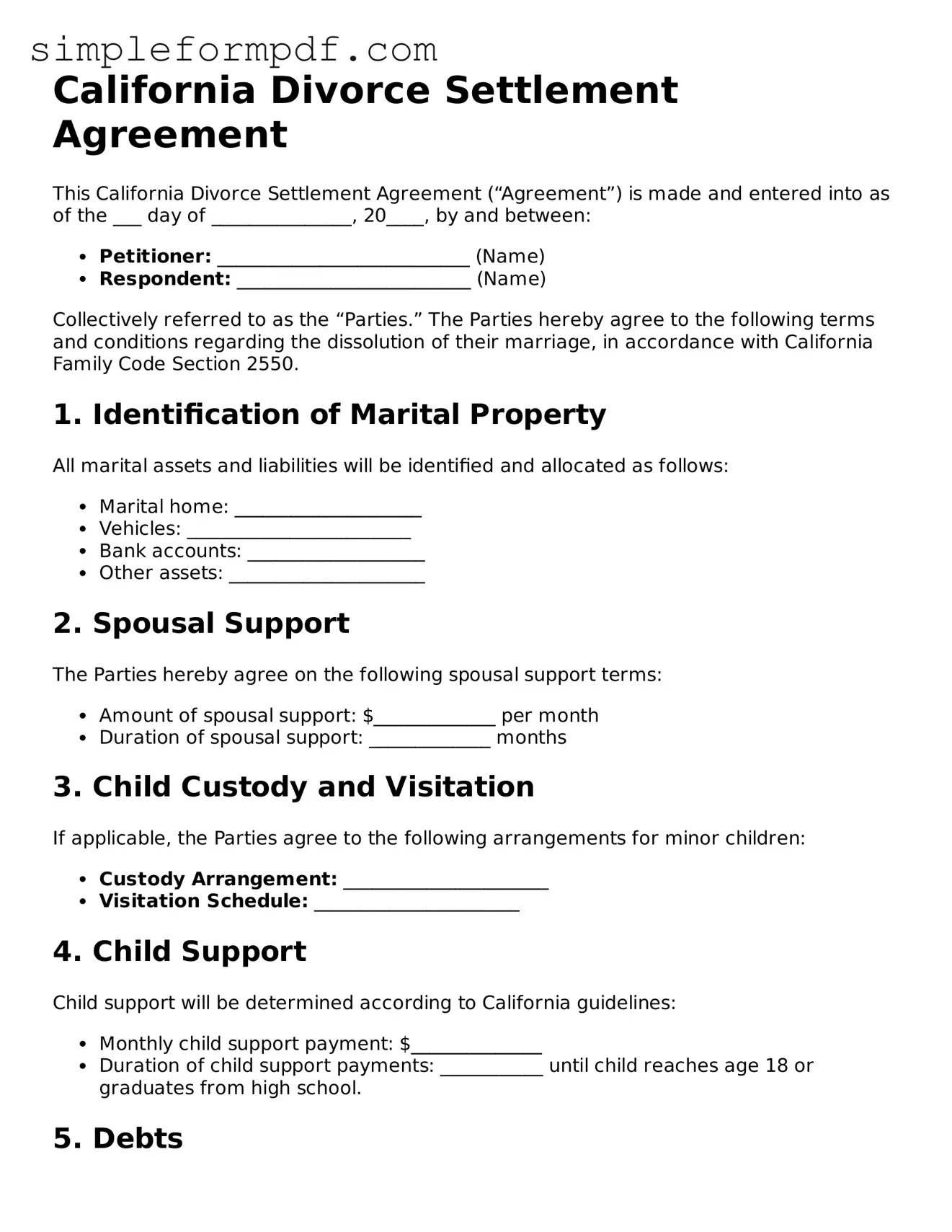 Free Divorce Settlement Agreement Form for the State of California