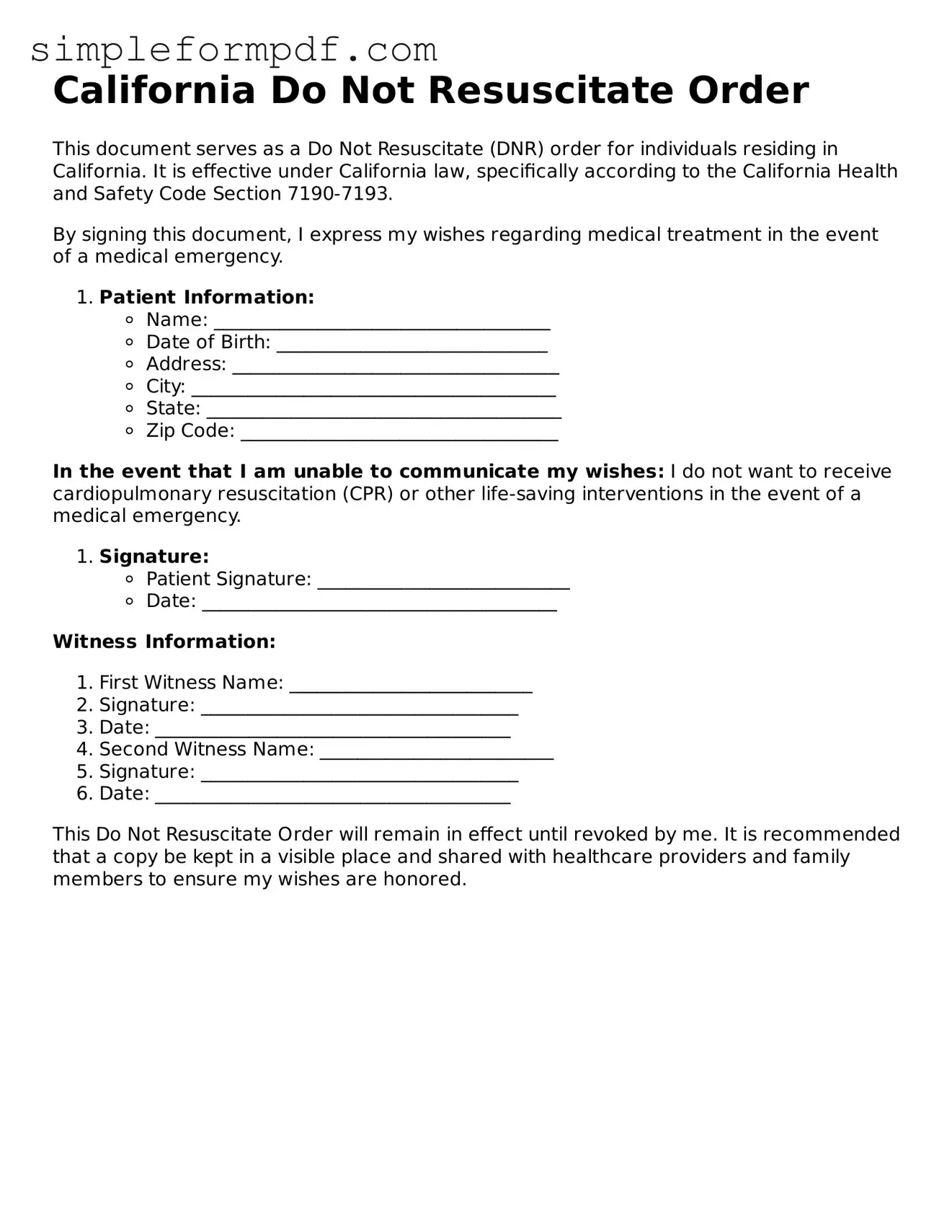 Free Do Not Resuscitate Order Form for the State of California