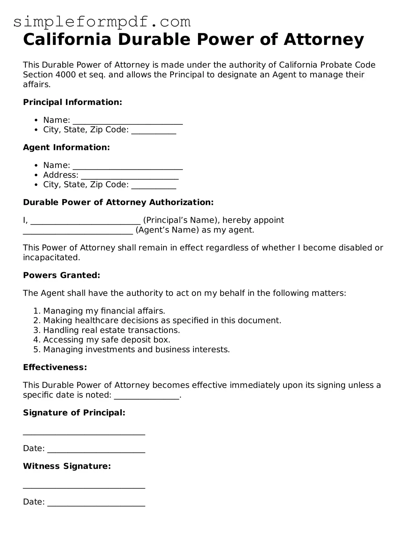 Free Durable Power of Attorney Form for the State of California