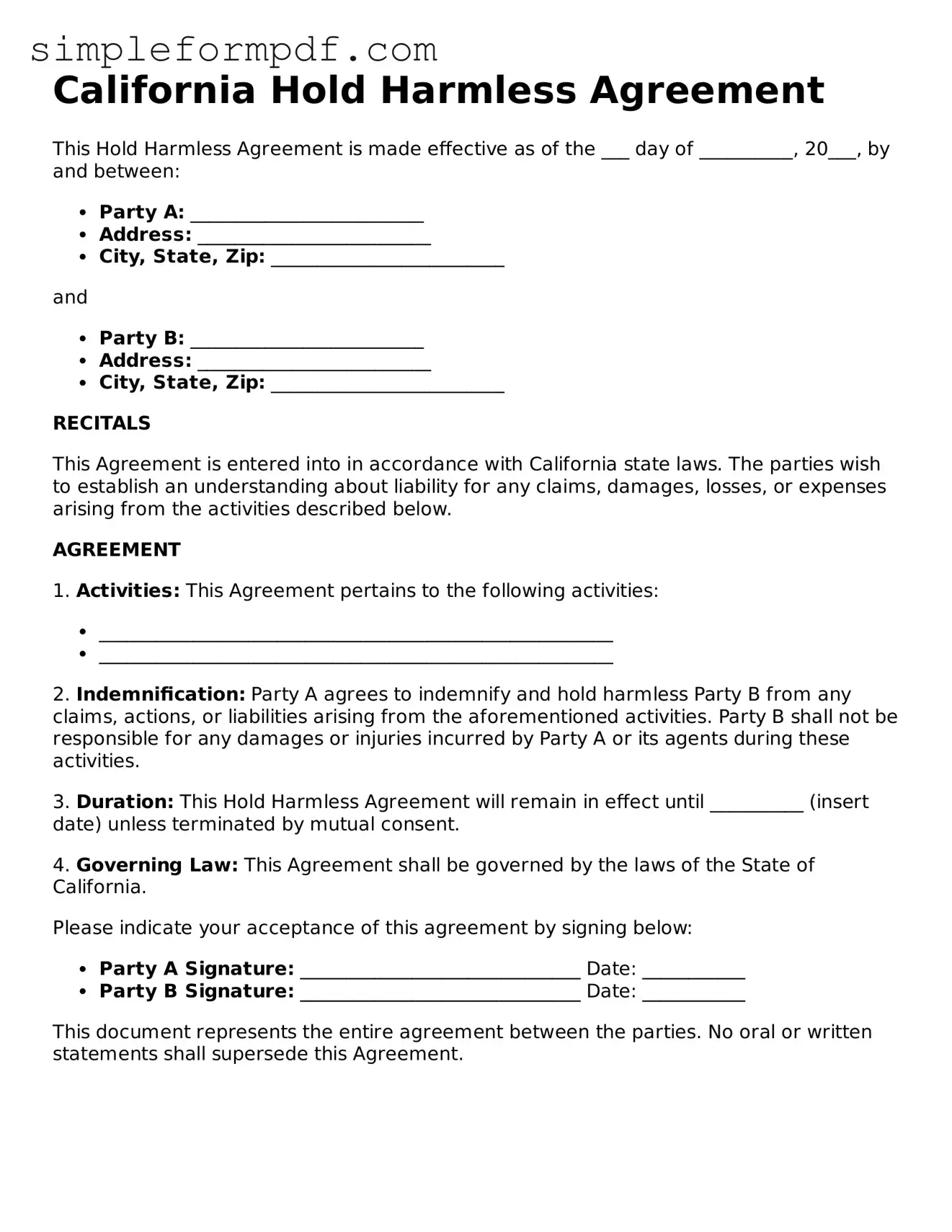 Free Hold Harmless Agreement Form for the State of California