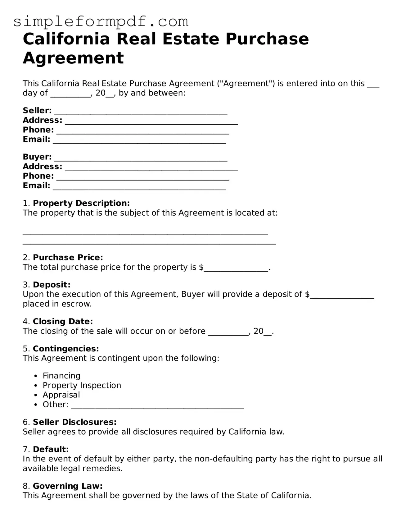 Free Real Estate Purchase Agreement Form for the State of California