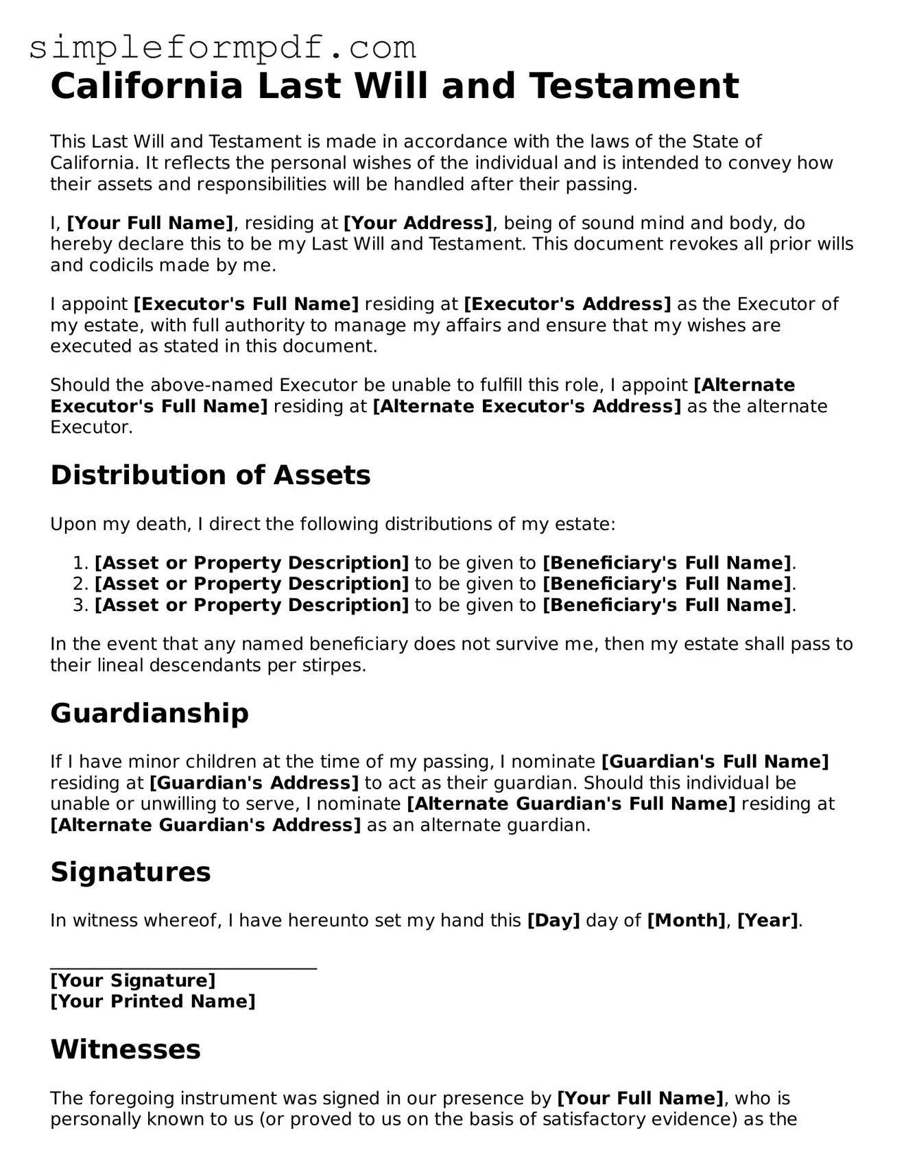 Free Last Will and Testament Form for the State of California