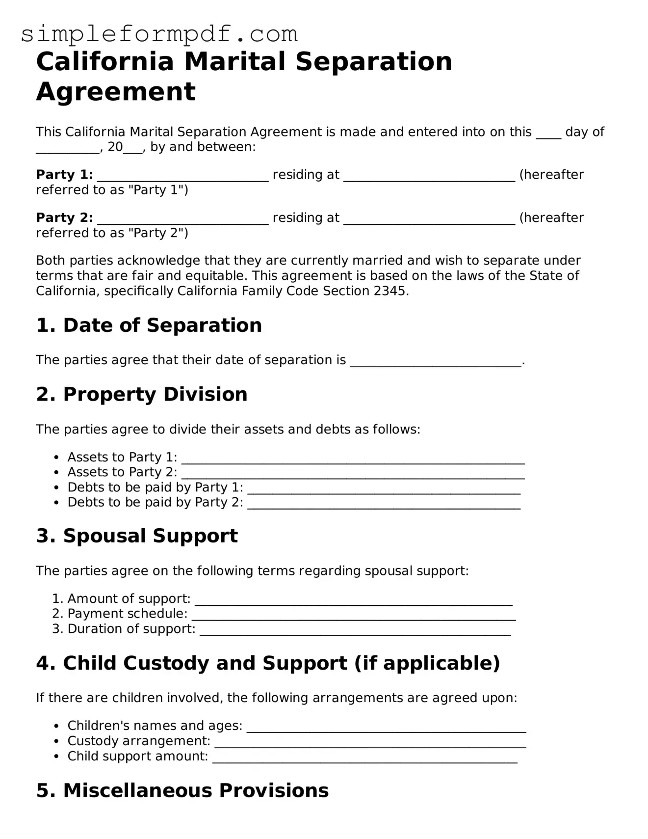 Free Marital Separation Agreement Form for the State of California