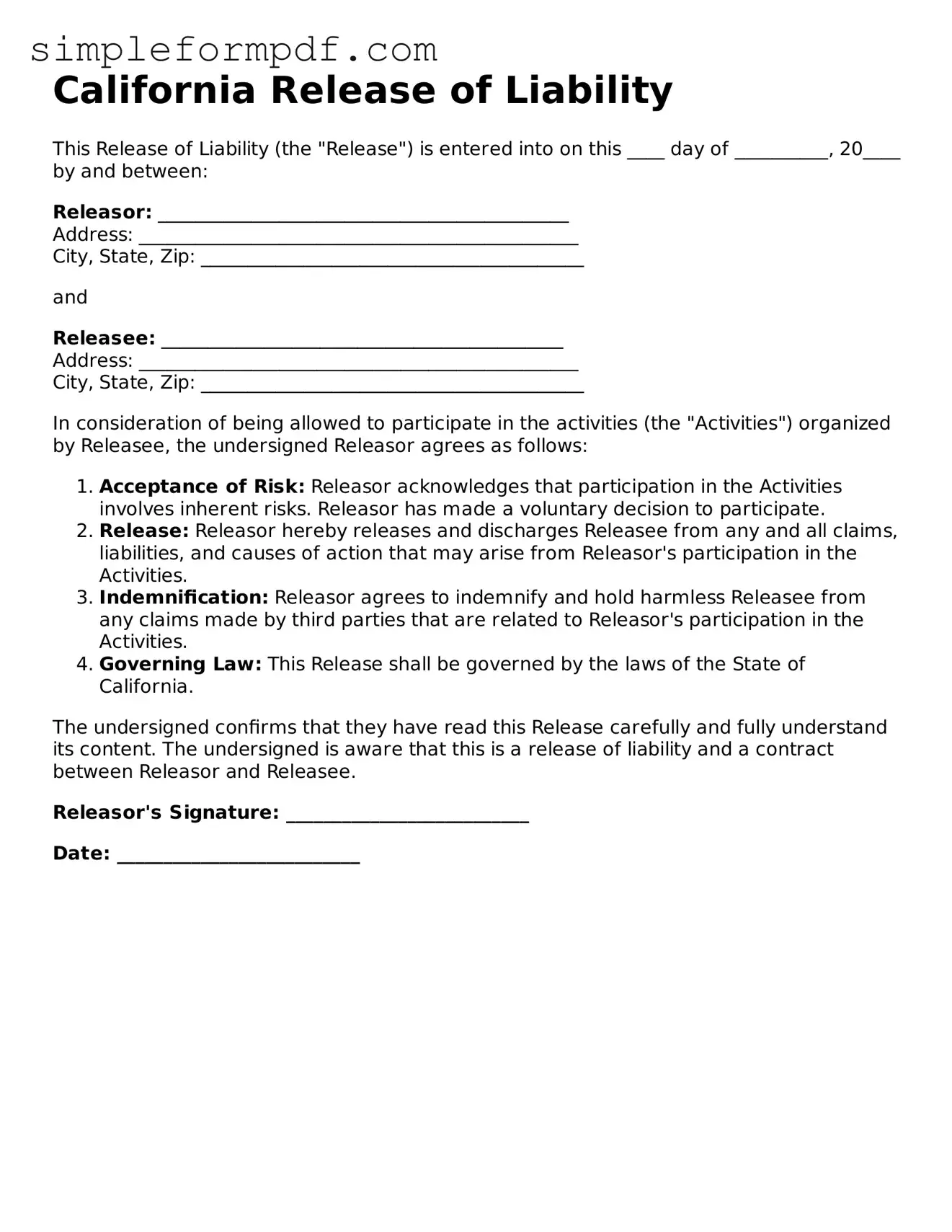 Free Release of Liability Form for the State of California