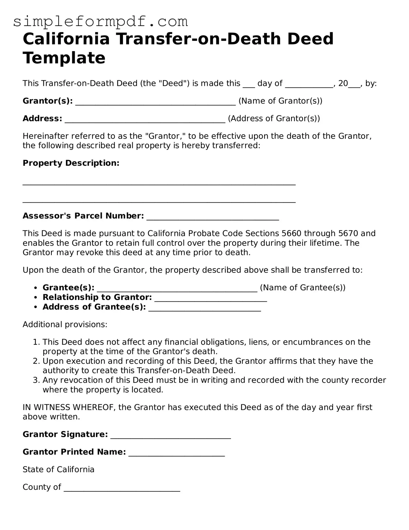 Free Transfer-on-Death Deed Form for the State of California
