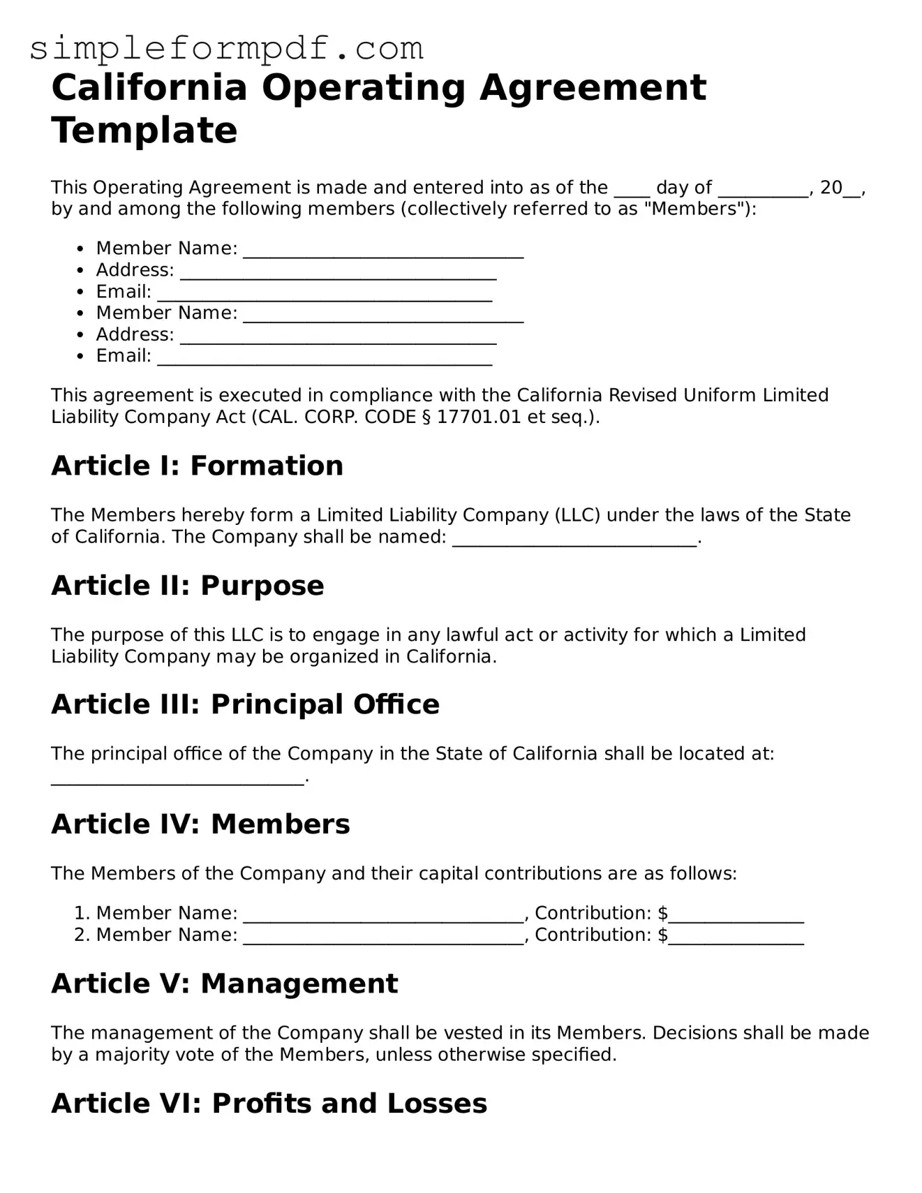 Free Operating Agreement Form for the State of California