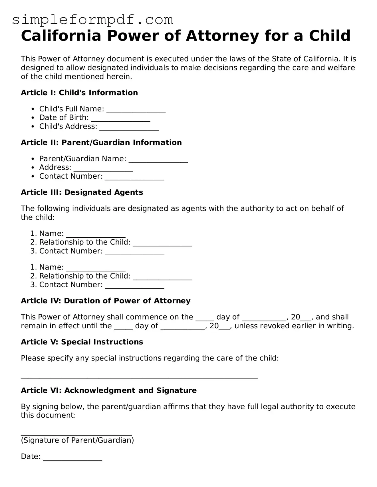Free Power of Attorney for a Child Form for the State of California