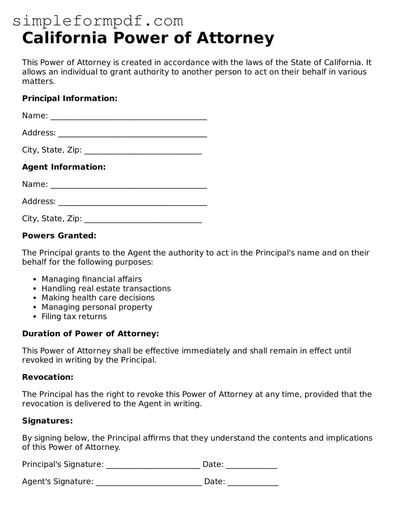 Free Power of Attorney Form for the State of California