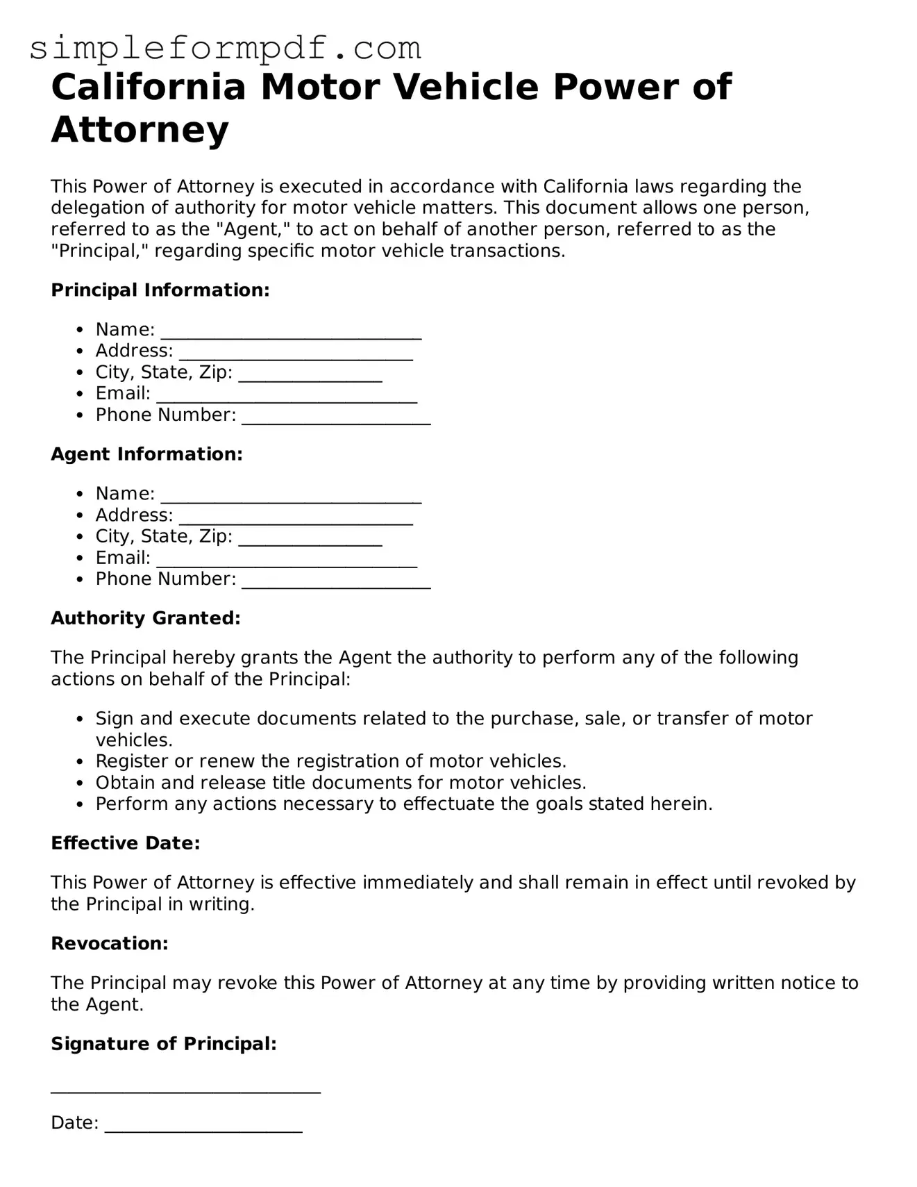 Free Motor Vehicle Power of Attorney Form for the State of California
