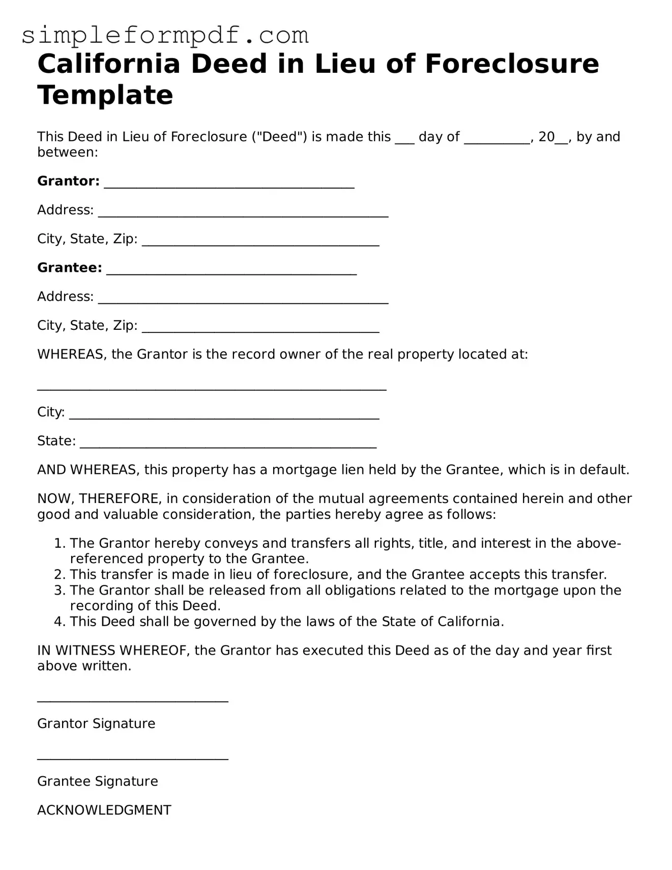 Free Deed in Lieu of Foreclosure Form for the State of California